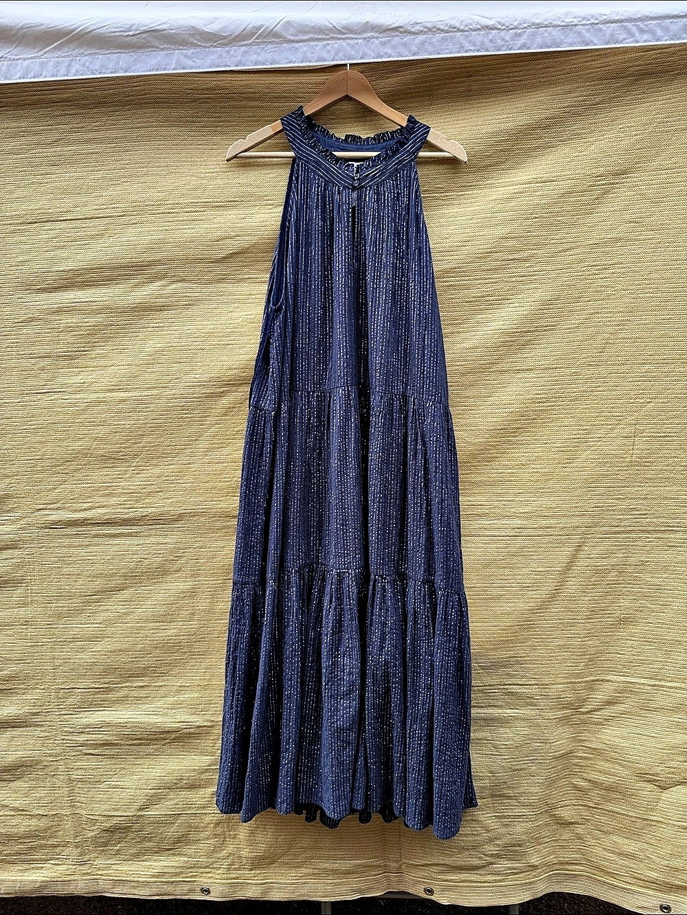 A PIECE APART Metallic Stripe Maxi Dress Cotton Blue Large Like New